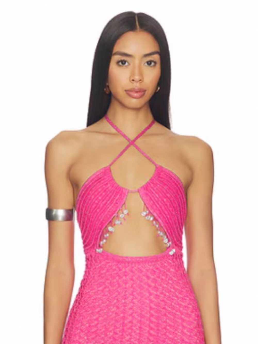 Capittana Daria hot pink Halter Crochet Mini Dress with Beaded Tassel Trim - Picture 6 of 12